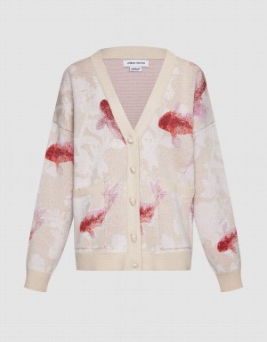 Beige Red Women's Urban Revivo Lucky Fish Jacquard V Neck Cardigan | BNH5887HK