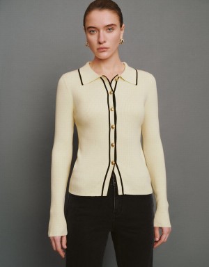 Beige Women's Urban Revivo Contrast Trim Knitted Cardigan | SHS8733QJ