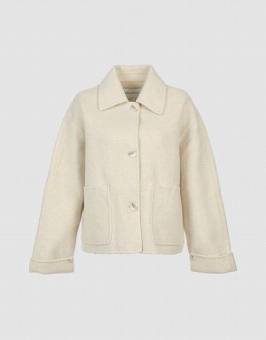 Beige Women's Urban Revivo Cropped Woolen Jackets | ACN2156GM