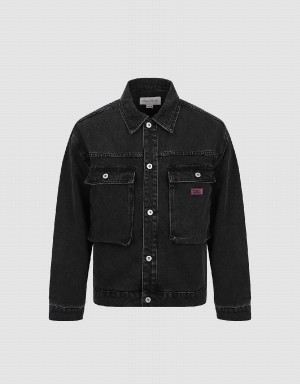 Black Men's Urban Revivo Button Up Denim Jackets | BJN4060EL