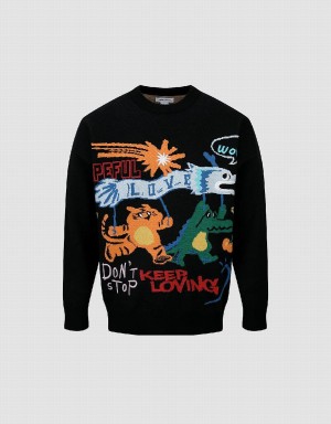 Black Men's Urban Revivo Cartoon Embroidered Crew Neck Sweaters | LNL9540FP