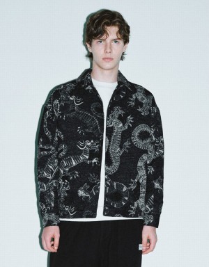 Black Men's Urban Revivo Dragon Printed Straight Jackets | RNV9220ME