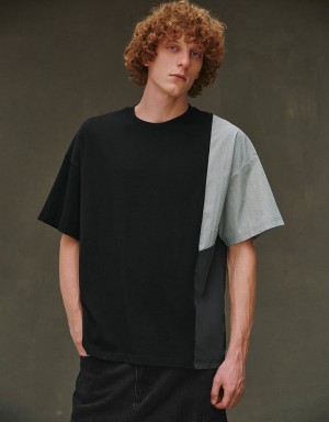 Black Men's Urban Revivo Drop Shoulder Sleeve Crew Neck T Shirts | FHH5791JR