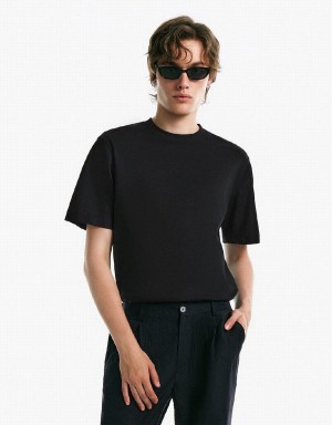 Black Men's Urban Revivo Drop Shoulder Sleeve Crew Neck T Shirts | YPP7716SL