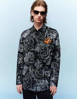 Black Men's Urban Revivo Graffiti Printed Button Up Loose Shirts | BLI5057QQ