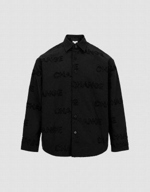 Black Men's Urban Revivo Letter Printed Button Up Oversized Shirts | TIO5923XX