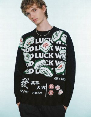 Black Men's Urban Revivo Mahjong Embroidered Sweaters | IFS73NA