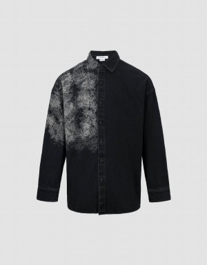 Black Men's Urban Revivo Printed Loose Denim Shirts | IYL937ZF