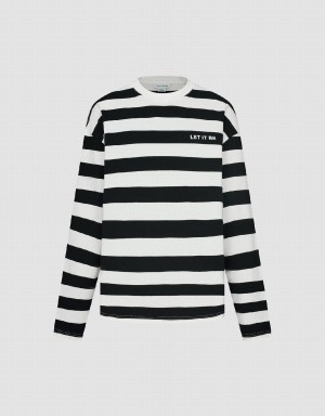 Black Men's Urban Revivo Striped Crew Neck T Shirts | KLL6950MR