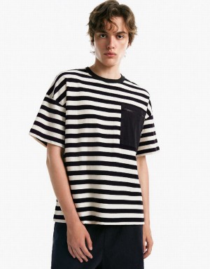 Black Men's Urban Revivo Striped Crew Neck T Shirts | YJX3397UD