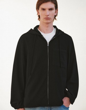 Black Men's Urban Revivo Zipper Front Hooded Jackets | TJI7447TU