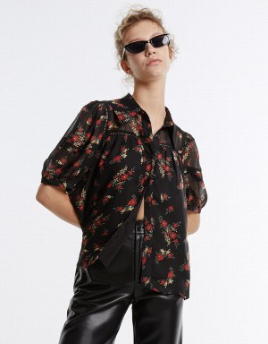 Black Red Women's Urban Revivo Floral Button Up Shirts | QSK2838LX