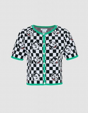 Black White Women's Urban Revivo Felix The Cat Checkered Short Sleeve Cardigan | AGB4760PS