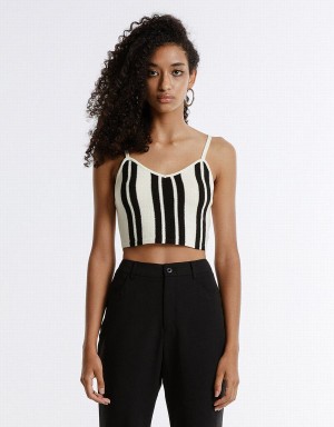 Black White Women's Urban Revivo Striped Knitted Camisole Cardigan | MGQ1779PO