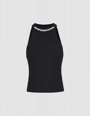 Black Women's Urban Revivo Beaded Detail Ribbed Knit Tank Top | GKV6888ZS