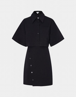 Black Women's Urban Revivo Button Down A-Line Collar Dress | XEK3437YU