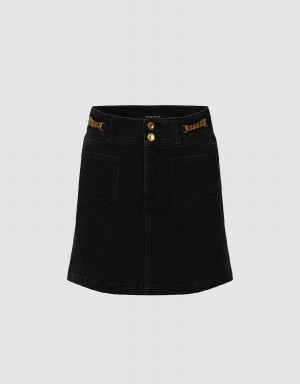 Black Women's Urban Revivo Chian Decor Mini A-Line Denim Skirts | YNM3882JA