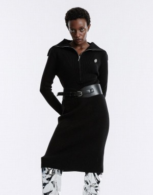 Black Women's Urban Revivo Contrast Stitch Knitted Dress | PHF6443GJ