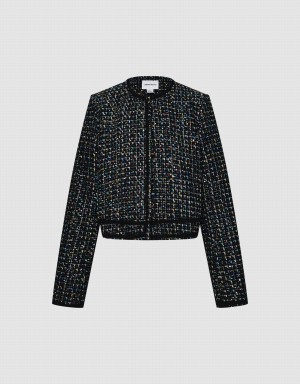 Black Women's Urban Revivo Contrast Trim Tweed Jackets | OJD902UM