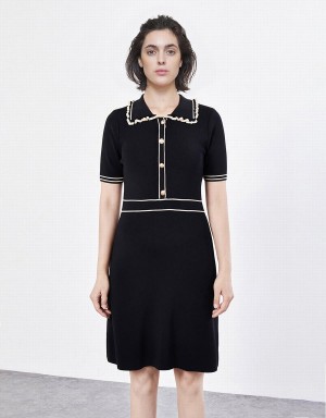 Black Women's Urban Revivo Contrast Trim Half Button Knitted Dress | UPW5739PX