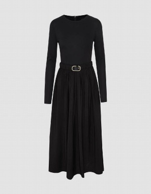 Black Women's Urban Revivo Crew Neck A-Line With Belt Dress | VQG6148JY