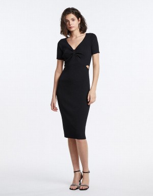 Black Women's Urban Revivo Cut Out Knot Front Knitted Midi Dress | XWC8746GP