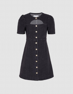 Black Women's Urban Revivo Cut Out Polka Dot Button Front Denim Dress | TPK9778MQ