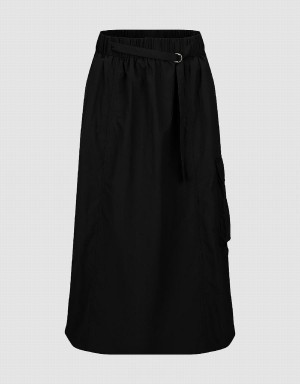 Black Women's Urban Revivo Elastic Waist Midi A-Line Skirts | FLK1134QP