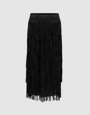 Black Women's Urban Revivo Elastic Waist Midi Straight Skirts | MBD1958YV