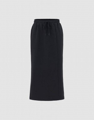 Black Women's Urban Revivo Elastic Waist Midi Skirts | HXM5940DF