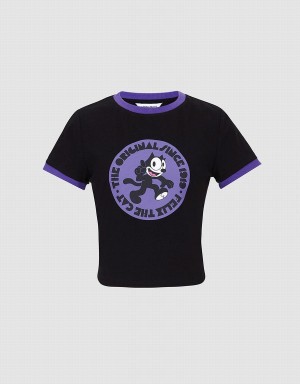 Black Women's Urban Revivo Felix The Cat T Shirts | BYN2937SL