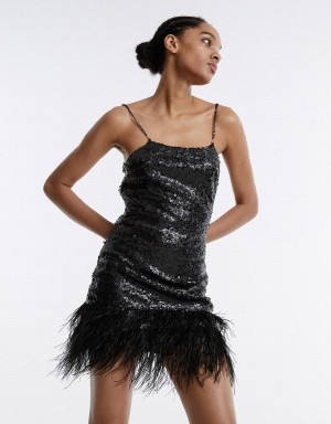 Black Women's Urban Revivo Frayed Hem Strappy With Sequins Dress | OBO9874BU