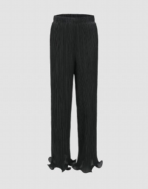 Black Women's Urban Revivo Frill Trim Loose Straight Pants | NIN2811IZ