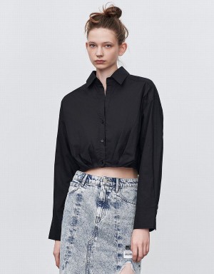 Black Women's Urban Revivo Gathered Waist Cropped Cotton Shirts | QVO421OJ