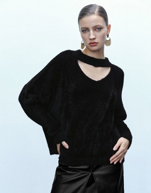 Black Women's Urban Revivo Keyhole Neck Knitted Cardigan | ZGV4840BH