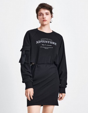 Black Women's Urban Revivo Letter Printed Crew Neck A-Line Dress | FLT382EL