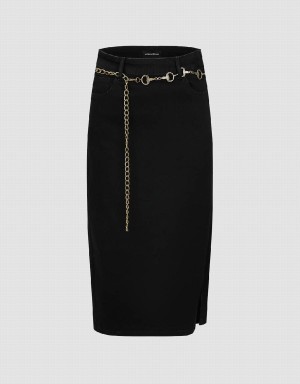 Black Women's Urban Revivo Midi Straight Denim With Chain Skirts | CFE688LS