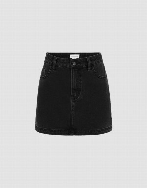 Black Women's Urban Revivo Mini Straight Denim Skirts | HJY2883SG