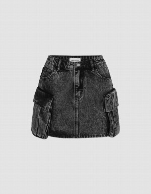 Black Women's Urban Revivo Multi-Pocket Mini Straight Denim Skirts | CUS4863PN