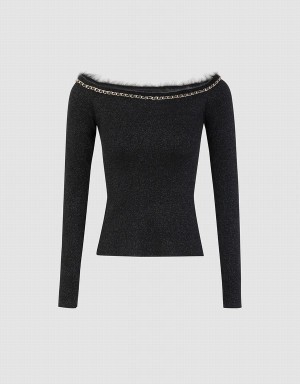 Black Women's Urban Revivo Off-Shoulder Knit Cardigan | NDD10075YQ