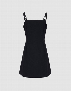 Black Women's Urban Revivo Plain Denim Cami Dress | TQQ430HG