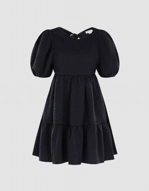 Black Women's Urban Revivo Plain Puff Sleeve Ruffle Hem Dress | FLS7652FS