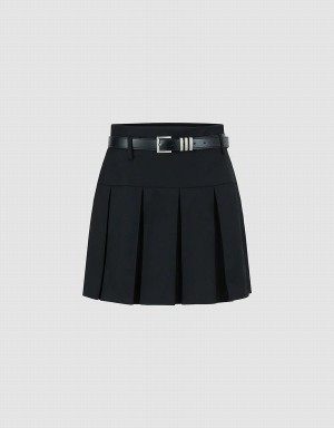 Black Women's Urban Revivo Pleated Mini A-Line With Belt Skirts | DHD5436KR