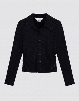 Black Women's Urban Revivo Ruched Button Up Fitted Shirts | TUA6418IV