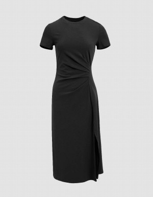 Black Women's Urban Revivo Ruched Crew Neck Straight Dress | LSO640AW