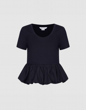 Black Women's Urban Revivo Ruffle Hem T Shirts | OZG2047YE