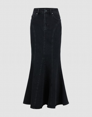 Black Women's Urban Revivo Skinny Fishtail Denim Skirts | EVG3614IS