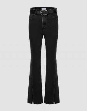 Black Women's Urban Revivo Split Hem Flare With Belt Jeans | WTD732TX