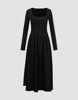 Black Women's Urban Revivo Square Neck Knitted A-Line Dress | FYE4485ZZ