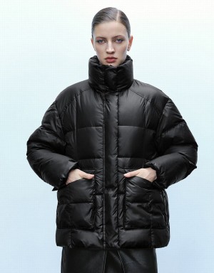 Black Women's Urban Revivo Stand Collar Puffer Jacket | QRV6638JV